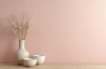 Neutral pink wall illustration with empty space, vase, dry plant, two ceramic bowls on wooden desk. Interior with monochrome trendy colors, decor. Modern minimalist design mock-up for product