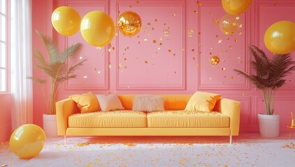 Vibrant and Cheerful Living Room Decor with Pink Walls, Yellow Sofa, Balloons, and Palm Plants for Bright and Festive Atmosphere in Modern Home