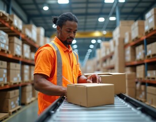 Worker in orange hi-vis vest labeling cardboard boxes on conveyor belt inside warehouse. African American man working at manufacturing plant, loading boxes. Industrial facility, logistics solutions.