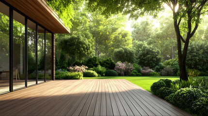 A modern house with a wooden terrace and garden
