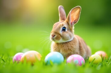 cute rabbit with easter eggs on green grass
