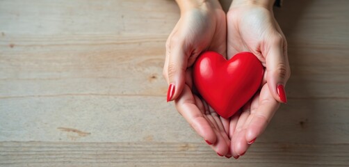 Young woman hands hold red heart symbol on wood background. It represents health care donate and family insurance concept World Heart Day world health day CSR. Concept of adoption foster family love.