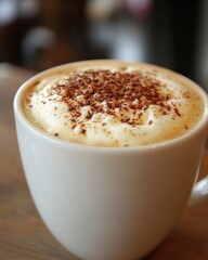 Obraz premium Creamy cappuccino delight with chocolate sprinkles on a wooden table in a cozy cafe setting perfect for a morning break