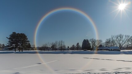 A surreal sky with colorful suns creating eerie and overlapping shadows across the landscape