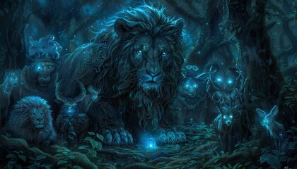 Dreamlike carousel featuring winged lions and luminous deer in a magical fantasy landscape