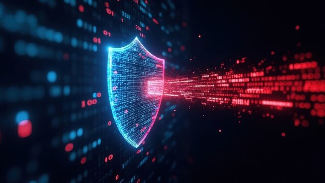 Quantum cryptography showcasing a digital shield surrounded by flowing data in vibrant colors against a dark background