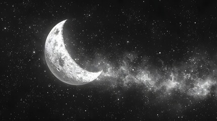 Fototapeta premium Minimalist and Stylized Black and White Design of a Crescent Moon and Twinkling Stars in the Night Sky Serene and Atmospheric Celestial Landscape for Graphic Elements Backgrounds or Digital Art