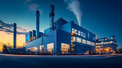 Fototapeta premium High-Tech Manufacturing Plant Exterior with Illuminated Branding and Modern Architecture at Dusk