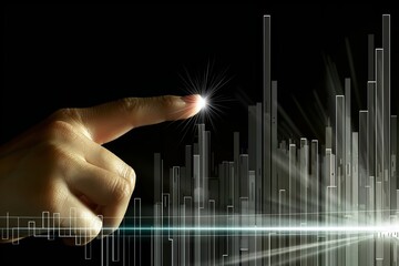 Hand gesture executing vertical swipe on sleek transparent charts with subtle backlighting
