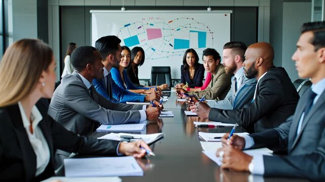 Two groups of business people are sitting across from each other at a table in a meeting room pitting one team against the other. They appear to be engaged in an argument.