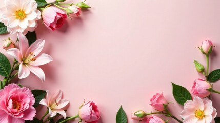 Naklejka premium Delicate Pink Floral Frame with Lilies, Roses, and Dahlias on a Soft Background