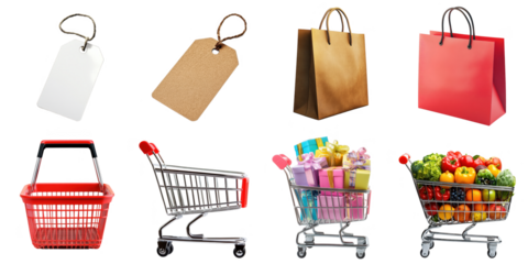 Shopping cart and bag die cut no bg png for shopping decoration purpose concept.