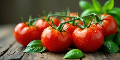 A cluster of vibrant red tomatoes still attached to their vine, glistening with fresh dew drops, rests on a rustic wooden surface, adorned with lush green basil leaves.