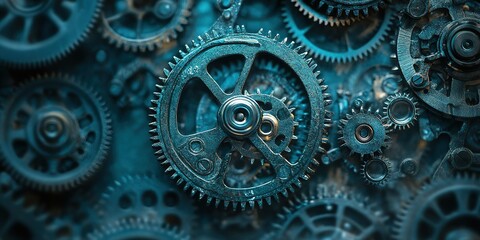 Intricate gears and cogs in blue tones showcase the beauty of machinery and engineering in a detailed close-up view