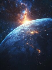 Cosmic dawn over a vibrant earth in a celestial ballet of starlight and galactic hues in deep space