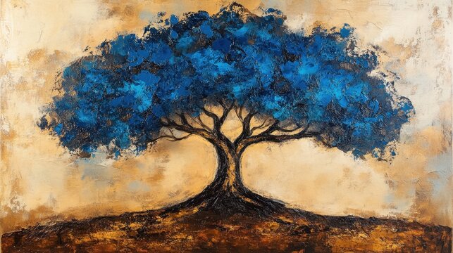 Impressionistic blue tree artwork with textured brushstrokes on canvas creating a serene and artistic mood with a golden background