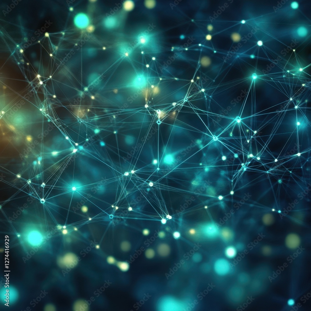 Poster abstract network of interconnected nodes and lines in a dynamic blue and yellow hues background