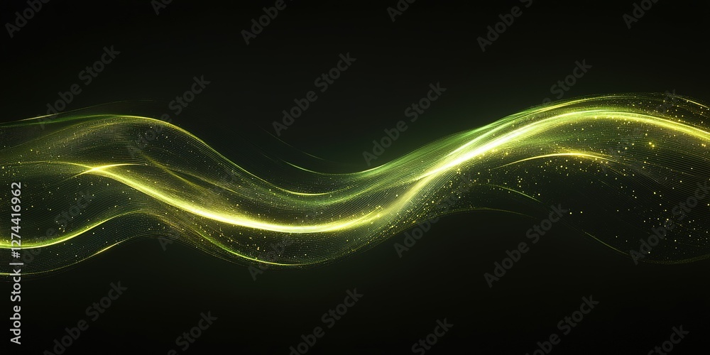 Poster dynamic green waves create a mesmerizing visual effect with glowing particles in a dark space
