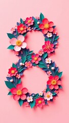 3d number 8 surrounded by roses on light background. Concept of women's day celebration.