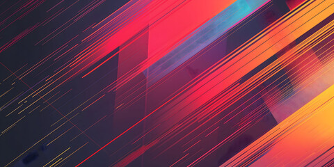 Fototapeta premium Dynamic abstract composition with diagonal neon streaks in red, orange, and blue tones on a dark background, ideal as a modern and vibrant backdrop for creative and futuristic projects