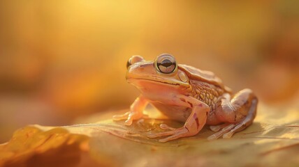 Naklejka premium Small Brown Frog on Golden Leaf in Autumn Sunlight