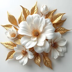 Decorative 3d graceful flowers with gold leaves on white background. Graceful design for decoration, religion, special events. Modern stylish illustration for cards, wall art. Elegant, delicate,