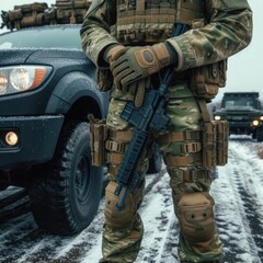A soldier clad in camouflage gear poses with a firearm, surrounded by military vehicles in a snow-covered environment, emphasizing readiness and strength in harsh conditions