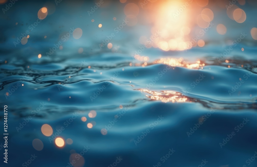 Aufkleber Blurred blue water surface with bokeh lights, sunlight reflection. Clear sea liquid motion with ripple pattern. Shining wet flow with splash waterdrop. Abstract nature background. Generative AI