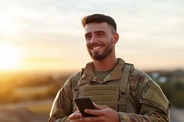 Military personnel enjoys communication during sunset at an outdoor location