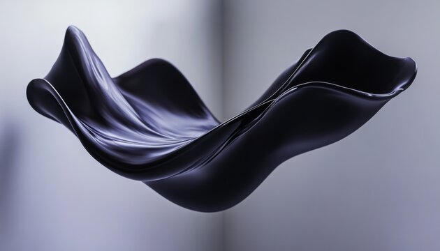 Abstract black fluid sculpture floating in air with purple lighting and futuristic energy concept