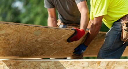 Two construction workers lifting an OSB board together at a building site