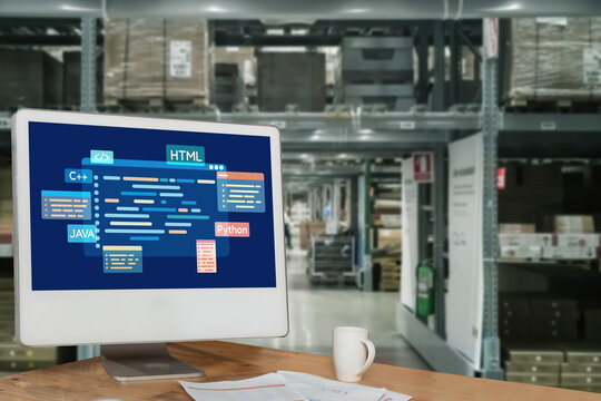 Software development or programming work with coding screen of various programming languages like HTML, Python, Java, and C brisk for new application development
