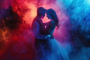 Silhouette of a loving couple on a background of colored smoke, Ai Generated