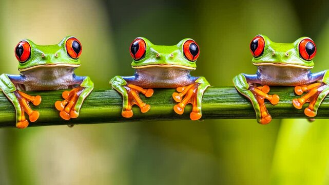 Three vibrant red-eyed tree frogs perched on a bamboo stick in a lush environment during daylight