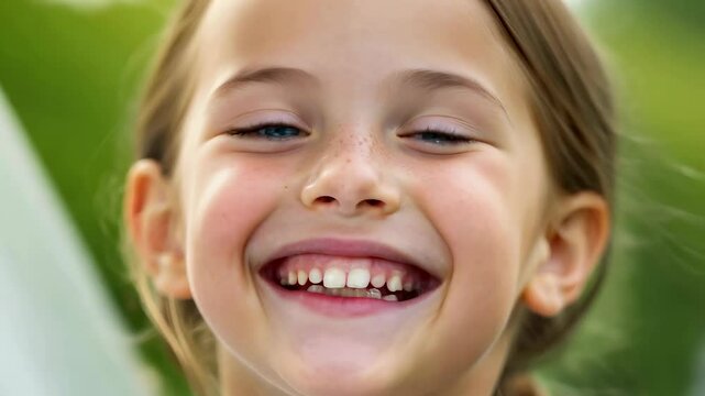 Close up of a laughing girl with freckles in a natural outdoor setting, 4k video