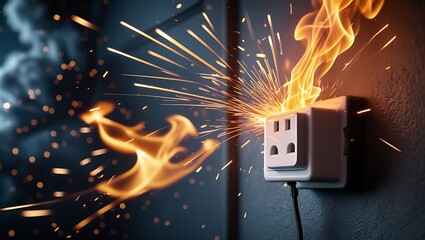 Electrical outlet short circuit with bright sparks, flames, and smoke, high-intensity malfunction scene

