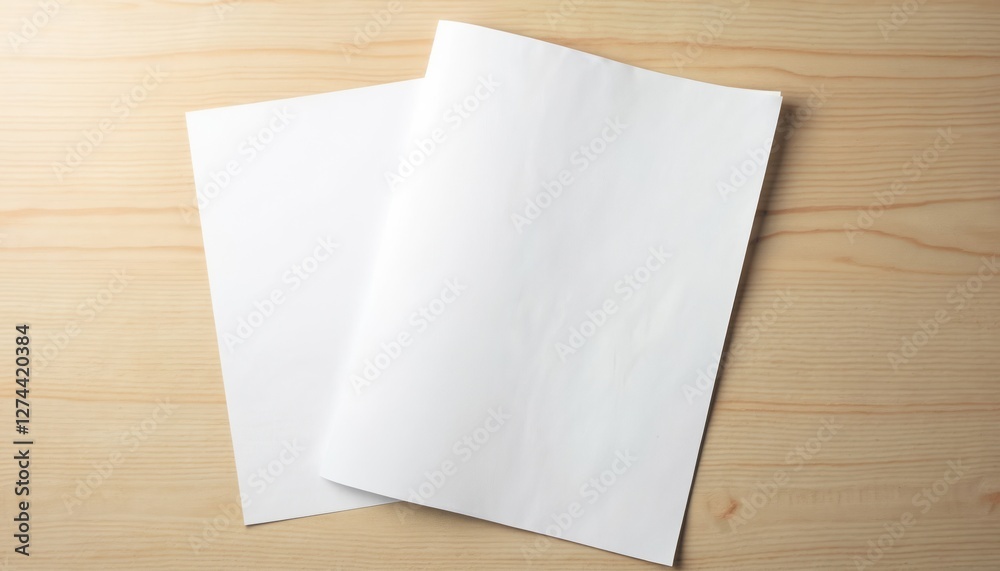 Aufkleber Two white blank paper sheets on light wooden table top. Empty pages background for business message. Template for card design or company presentation mockup. Clean object for text.
