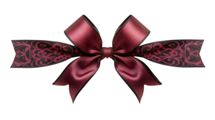 Burgundy Satin Bow Dark Patterned Ribbon, Elegant Gift Decoration for Luxury Themes, isolated on transparent background.