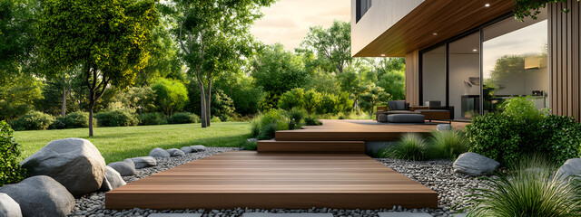 A modern house with a wooden terrace and garden
