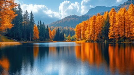 Serene alpine lake reflecting vibrant autumn foliage under a cloudy sky with majestic mountains in the distance creating a tranquil and picturesque scene