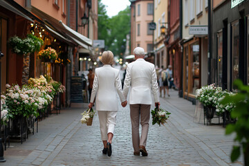 Naklejka premium Elegant couple holding hands while walking through a charming street adorned with flowers