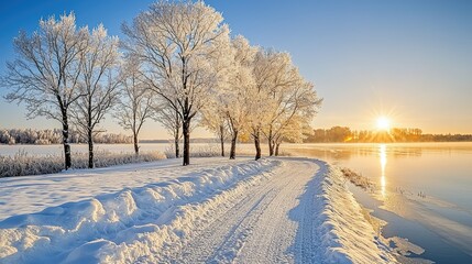 Fototapeta premium Frosty Trees Line A Winter River Path Sunrise