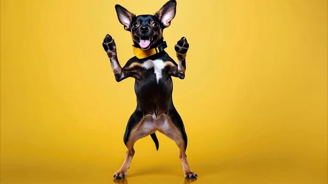 playful dancing dog wearing a yellow jacket, standing on legs and looking excited. yellow background. fun energetic vibe. perfect for pet fashion brands, accessories, and dog-friendly businesses 4K.