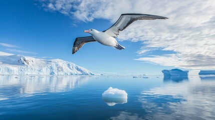 Majestic Albatross Gliding Over Icy Waters in Serene Landscape