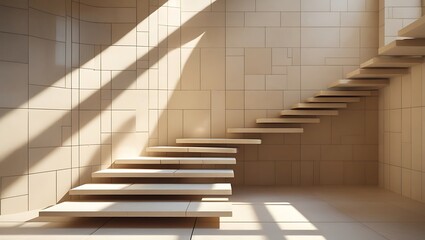 Naklejka premium Minimalist floating staircase in modern architectural design with light beige stone and geometric shadows
