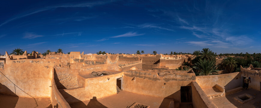 Ghadames, the Pearl of the Desert, one of the oldest oasis towns on a trade route across Sahara. The unique architecture gives protection against heat and sandstorms, world heritage site of Libya