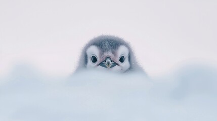 Fluffy Penguin Chick Peering Out from Soft Snowy Background