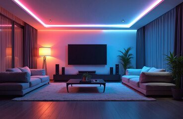 Living room with colored LED smart lighting. Modern home cinema interior at night. AI house with cozy design and television. Comfortable apartment with pink, blue lights and furniture.