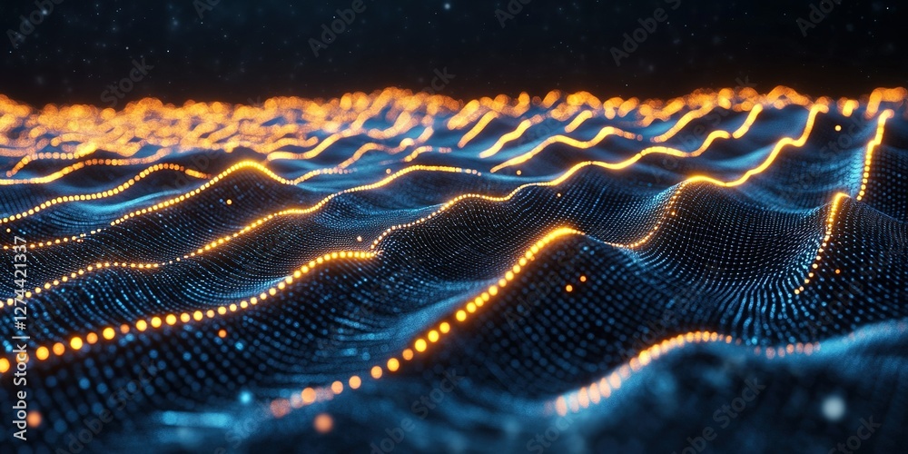 Poster dynamic waves of glowing particles create an abstract representation of data flow at night
