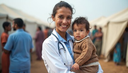 Woman doctor holds baby at refugee camp. Nurse provides medical care, support to child. Health professional cares for refugees. Humanitarian aid for people in crisis. Volunteer doctor helps children.